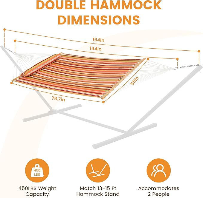 Lazy Daze Hammocks 12 FT Quilted Fabric Double Hammock with Spreader Bars and Detachable Pillow, 450lbs Weight Capacity, Vivid Stripe