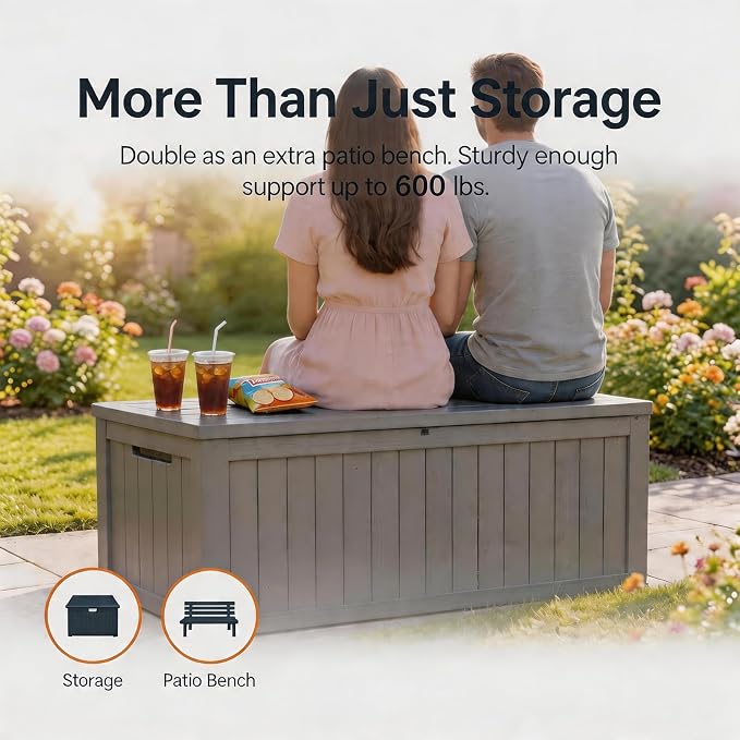 149 Gallon Resin Outdoor Storage Box, Waterproof Deck Box with Lockable Lid, Outside Storage Box for Patio Furniture, Pool Accessories, Garden Tools, Storage Bench for Backyard, Porch, Gray Brown