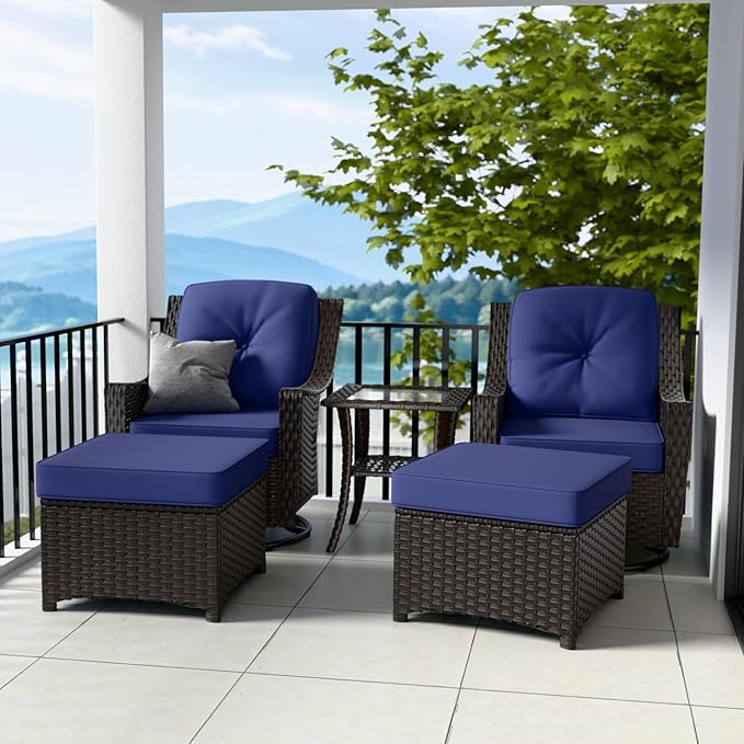 Stone Creek Outdoor Furniture Set with Swivel Rocking Chairs, Side Table & Ottomans, Wicker Patio Conversation Set, Balcony Furniture, 5 Piece, Brown/Blue