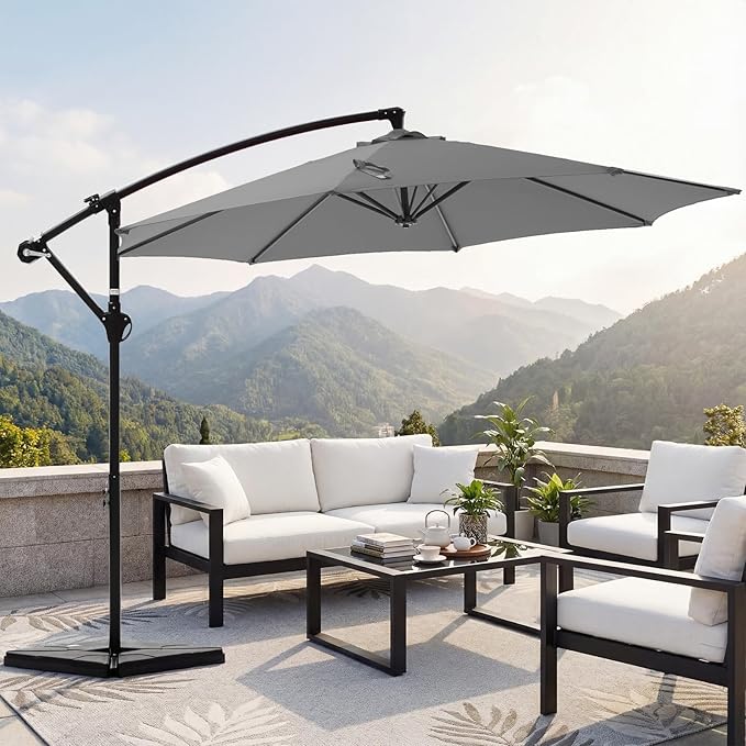 OLIXIS 9.8FT Offset Patio Umbrella with Base, Cantilever Table Umbrellas for Outdoor Sun Shade UV Protection with Easy Tilt Adjustment, 8 Ribs for Backyard, Lawn, Garden, Pool