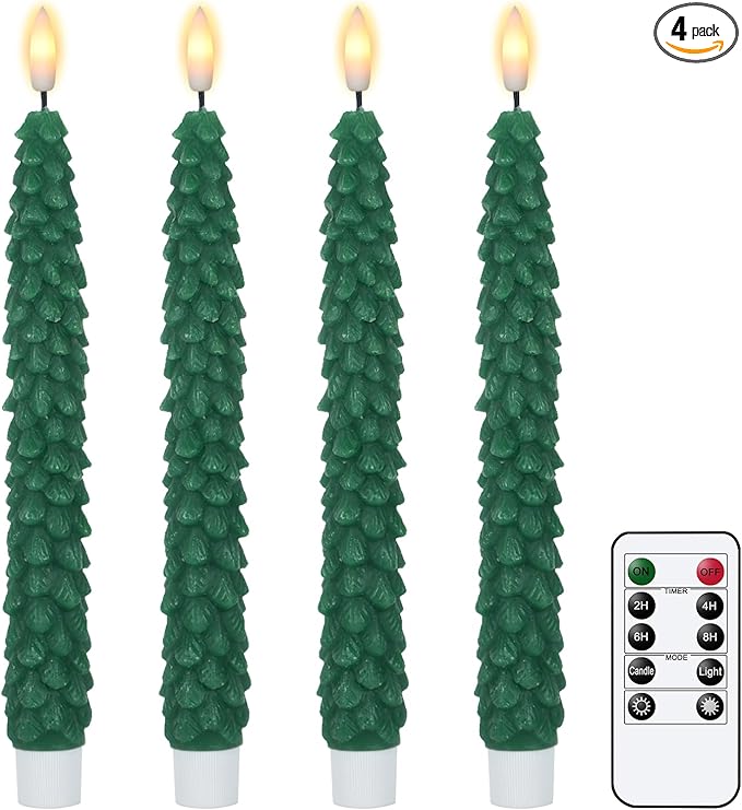 DRomance Christmas Tree Flameless Taper Candles Battery Operated with 10-Key Remote and Cycle Timer 4 Pack Real Wax 3D Wick Flickering LED Candlesticks Holiday Decor(Green, 0.79 x 9.9 Inch)
