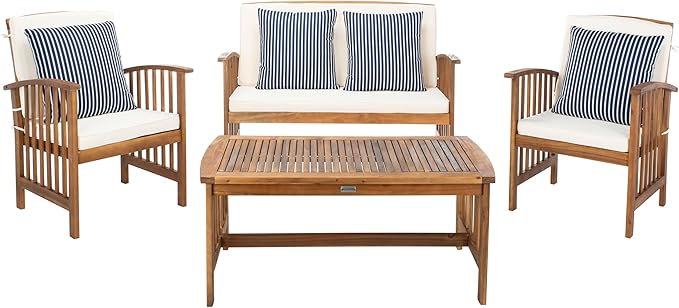 SAFAVIEH Outdoor Collection Rocklin Natural/ Beige Cushions/ Thin Stripe Pillows 4-Piece Conversation Patio Set
