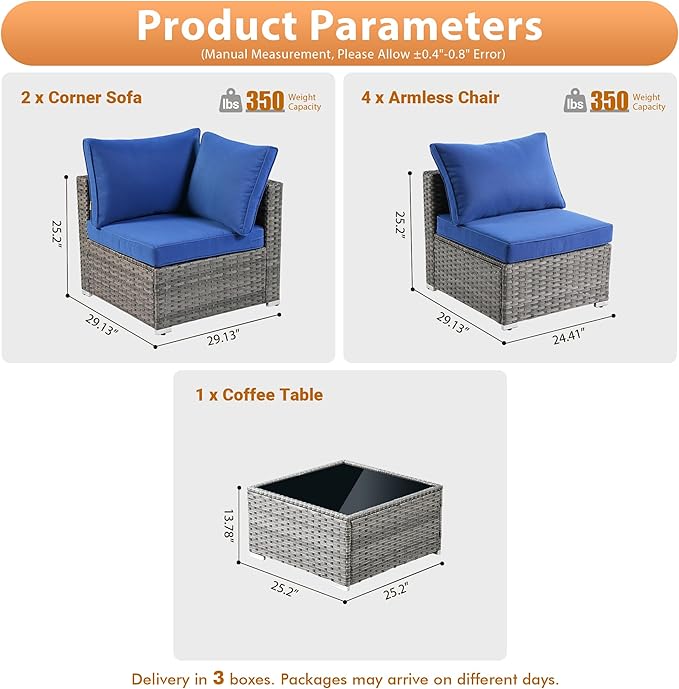 7 PCS Outdoor Patio Furniture Sets,Wicker Weather Resistant Patio Conversation Set with Comfy Cushions,Modular L Shaped Sofa with Coffee Table for Yard Backyard Porch Garden Poolside,Navy Blue