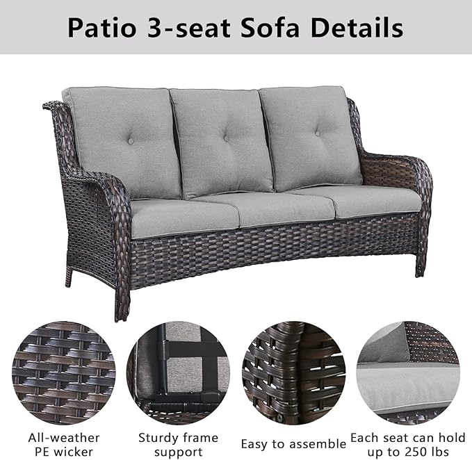 Belord Wicker Patio Furniture Sets - 8 Piece Rattan Outdoor Furniture Conversation Sets with 4 Swivel Rocker Chairs, Rattan Sofa, Wicker Ottomans and Coffee Table, Brown/Grey