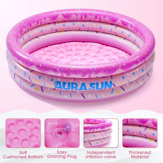 Inflatable Baby Pool Small Kiddie Swimming Pool, 3 Rings Round Pad Pool for Kids & Toddler, 48"X12" Portable Indoor Ball Pit Toys, Outdoor Water Play for Girl/Boy (Pink)