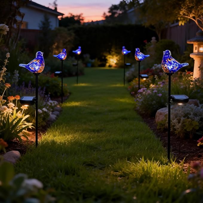 Afirst Decorative Solar Lights Outdoor Solar Bluebird Stake Lights Hand Blown Glass Decorative Garden Pathway Lights Outdoor Waterproof Glass Stakes Dark Blue
