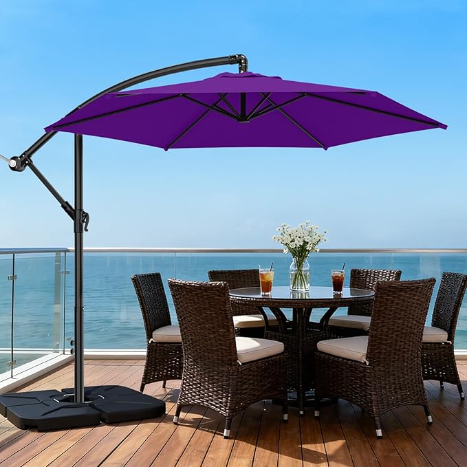 AreShark 10FT Patio Outdoor Umbrella, Offset Patio Umbrella Cantilever Umbrella, 6 Sturdy Ribs, Easy Adjustment for Garden Market Pool with Cross Base (Dark Purple)
