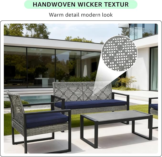 Outdoor Patio Furniture Set, 4 Piece Rattan Wicker Sectional with Loveseat Couch Sofa, Coffee Table and Chairs, Conversation Seating for Balcony, Porch, Deck, Backyard, Muebles de Exterior