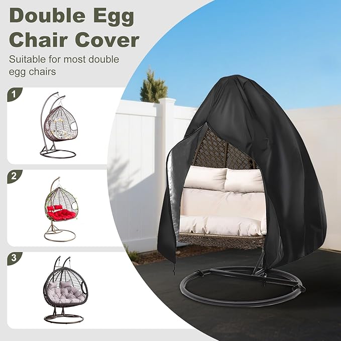 Heavy-Duty Outdoor Egg Chair Cover for Two-Seater - Zippered, UV-Resistant, Windproof, Anti-Oxidation & Anti-Fade Protection for Hanging Wicker Rocker Chairs, 79"x91" (Black)