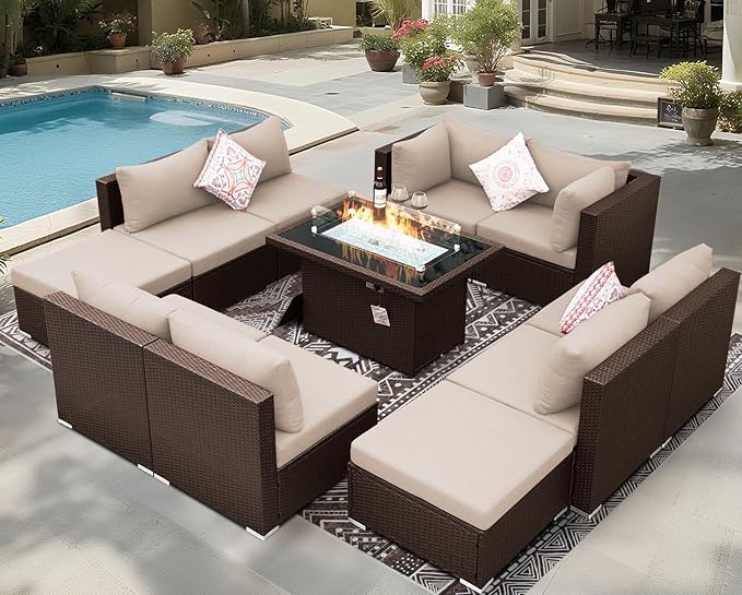 BULEXYARD 11 Piece High Back Outdoor Furniture Set with Firepit, Cozy Patio Conversation Set with Ottoman Modular, Extra Wide Deep 10-Seats Sectional Couch Sofa for Yard, Brown Rattan & Beige Cushion