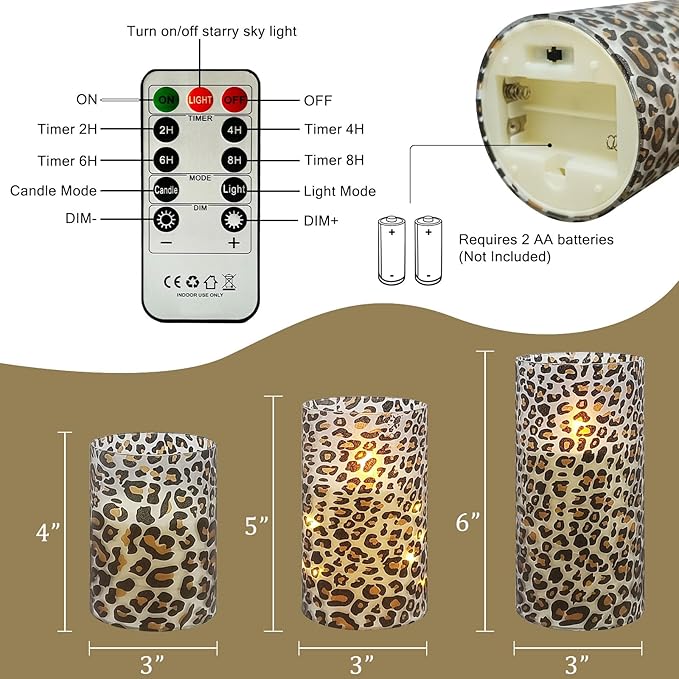 Flickering Flameless Candles, Recessed String Light LED Candles 3D Wick Acrylic Battery Operated LED Pillar Candles with Remote and Timer for Modern Simple Home Decor Set of 3(Leopard)