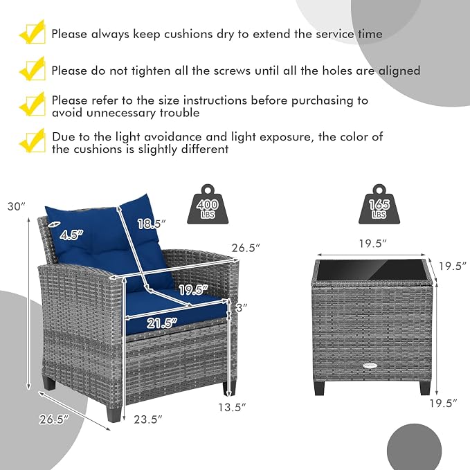 Patio Furniture Set, 3 Pcs Outdoor Wicker Conversation Set with Glass Coffee Table, Patio Chairs w/Washable Cushions, PE Rattan Outdoor Furniture Set for Porch Garden Backyard (Navy)