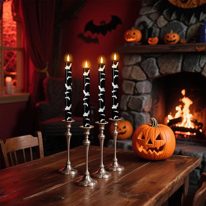 Eldnacele Flameless Flickering Taper Candles with Remote and Timer, Battery Operated Bats Decal Real Wax Black LED Window Candles Set of 4 Fireplace Spooky Halloween Holiday Decor