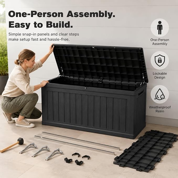 180 Gallon Large Outdoor Storage XXL Deck Box for Patio Furniture, Outdoor Cushions, Garden Tools and Sports/Pools Equipment, Waterproof Resin, Lockable, Black (Black + Plastic-1)