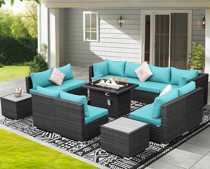 NICESOUL 13 Piece Outdoor Sectional Furniture with Firepit, Contemporary Back Yard Fireplace w/Seating Area, Plus Size 29.3'' High Back Patio Set, All-Weather Wicker Couch for Exterior, Gray & Teal