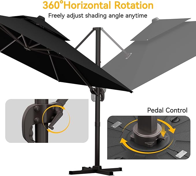 10x13 FT Patio Cantilever Umbrella (Base Not Included) (Base Not Included), Rectangular Heavy Duty Offset Umbrella for 8-10 People, 360°Rotation & Mult Tilt, Double Top Design, for Pool Garden Deck (Black)