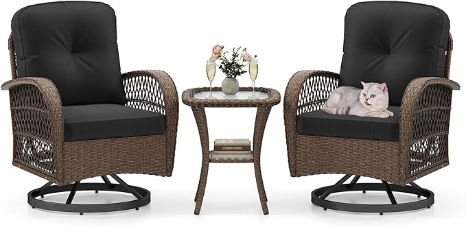 HAPPYGRILL 3 Pieces Outdoor Rattan Swivel Rocker Chairs Set with Tempered Glass Side Table, Outside Sectional Patio Conversation Furniture Set with Swivel Rocking Chairs for Deck Porch Garden (Black)