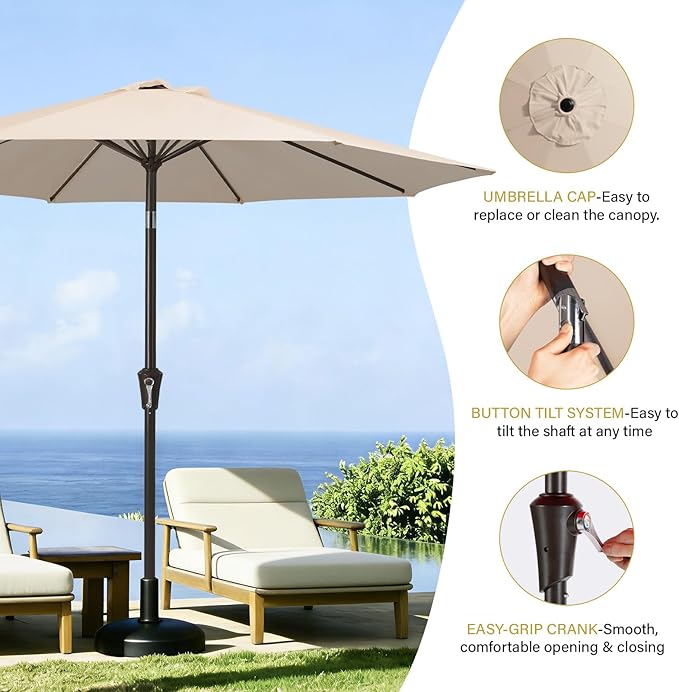 MEWAY 10ft Patio Umbrella Outdoor Table Umbrellas with Push Button Tilt and Crank, Market Umbrella 8 Sturdy Ribs for Deck, Garden, Pool and Backyard, Beige