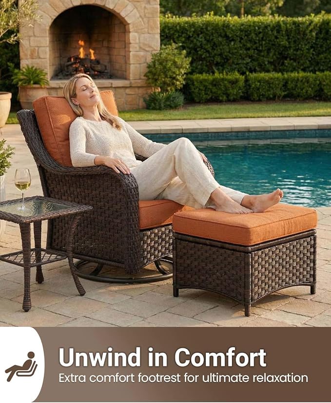 9 Pieces Outdoor Furniture Set with 6-inch Cushions, High Back Wicker Swivel Rocker Chairs with Coffee Table, Luxury Conversation Set for Deck Patio and Poolside