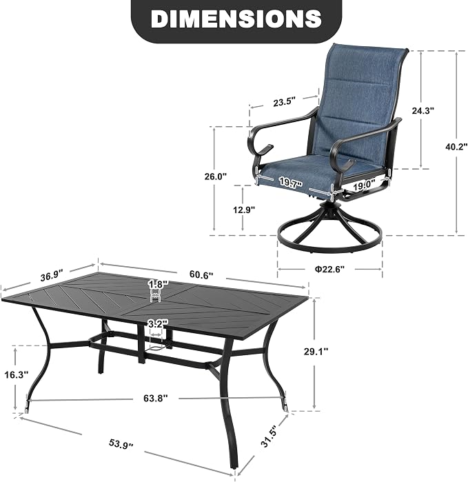 NUU GARDEN 7-Piece Outdoor Dining Set, Outdoor Table and Chair Set with Umbrella Hole, Padded Textilene Dining Table Set, All Weather Outdoor Table and Chairs for 6, Swivel Design, Blue