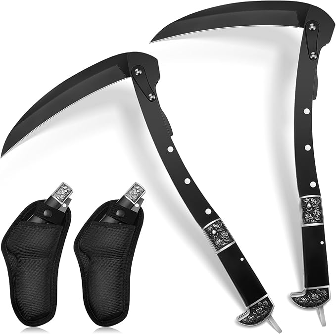 2 Pcs Black Sharp Folding Sickle 14.6 inch Grass Hand Sickle Knife Wooden Handle Portable Safety Manual Sickle Garden Tool with Sheath for Lawn Branches Weeds Gardening Farming Cutting