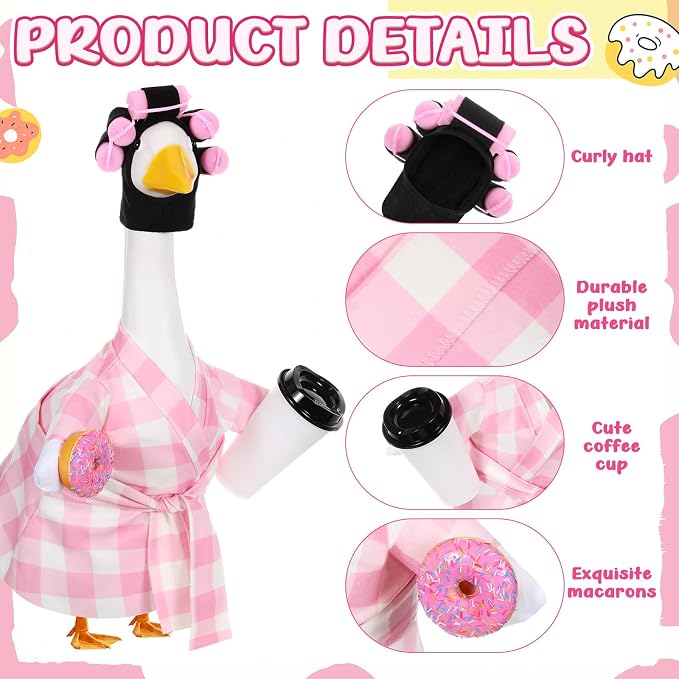Shyyween Lady Porch Goose Outfit for 23'' Cement Plastic Lawn Goose Statue Clothes Pink Plaid Bathrobe Coffee Cup Curlers for Outdoor Garden Yard Patio Decoration