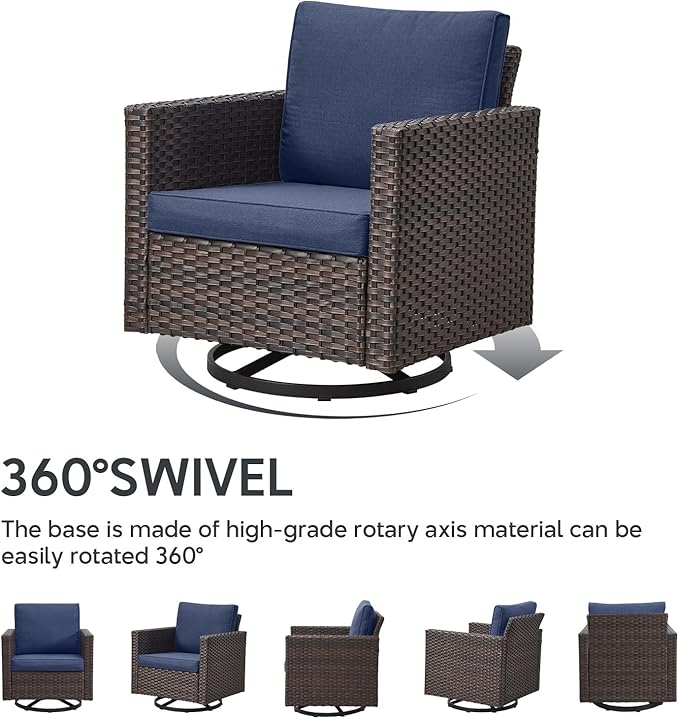 5 Piece Wicker Patio Furniture Set - Outdoor Swivel Rocker Chairs Set with 3 Seat Sofa and Ottomans, Small Patio Conversation Sets Proch Furniture for Balcony Deck - Brown/Blue