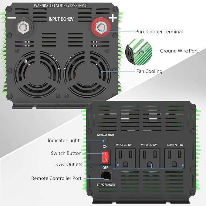 EDECOA 2000 Watt Power Inverter, DC 12V to AC 110V 120V 2000W Converter with LCD Display and Remote Controller Dual USB (with ET-RC Remote)