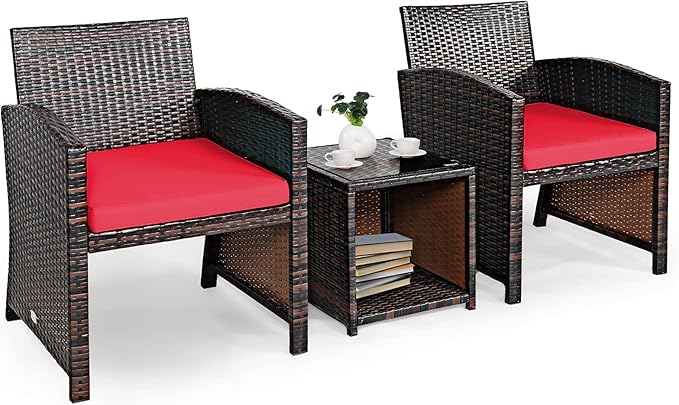 Tangkula 3-Piece Outdoor PE Rattan Furniture Set, Patio Conversation Set w/Chair & Storage Coffee Table, Detachable Cushion, Stable X-Shaped Frame, Perfect for Garden, Backyard, Poolside (Red)