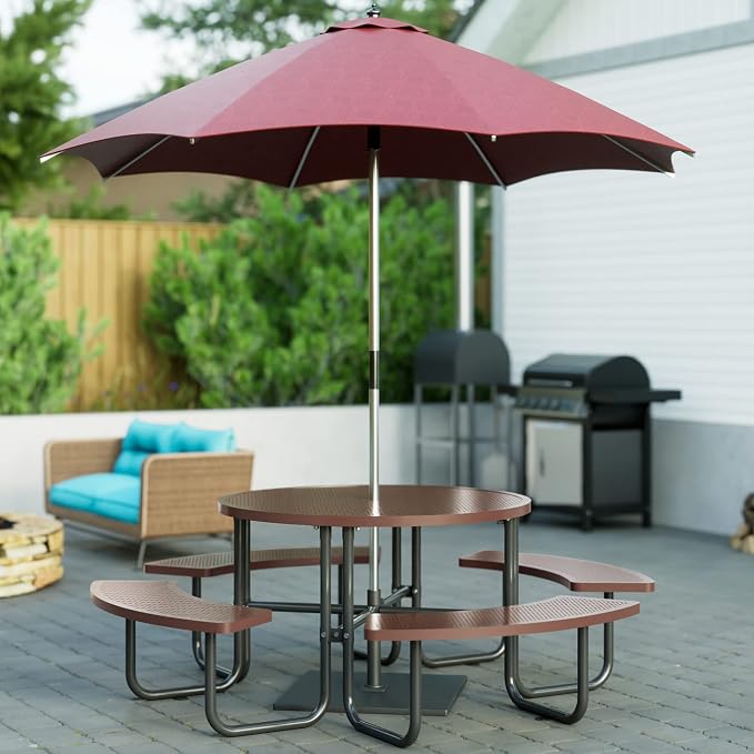 46'' Round Metal Picnic Table with 1.78" Umbrella Hole, Heavy-Duty Stainless Steel Mesh Top Outdoor Table, Rust Resistant Weatherproof Patio Dining Table, For Backyard, Garden & Picnic, Coffee