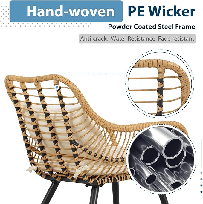 JOIVI 3 Piece Outdoor Wicker Conversation Bistro Set, Patio Furniture Rattan Chairs and Square Side Table Set for Porch, Balcony, Poolside, Yard, White Cushion
