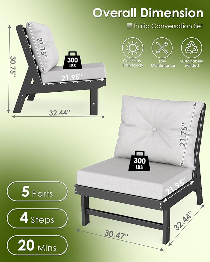 GREENVINES Outdoor-Couch | HDPE Plastic | Patio Sectional Conversation Sets | All Weather Couches | Armless Single Sofa | for Porch Deck Lawn | Black Frame Light Gray Cushion