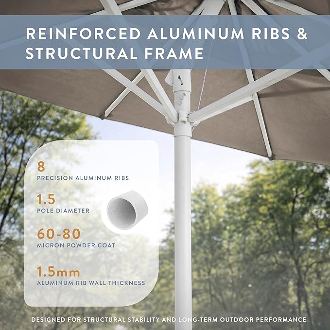 California Umbrella 12-Year Protection 9-Ft Outdoor Patio Umbrella, Sunbrella Fade-Resistant Fabric, Auto-Tilt, Heavy Duty Aluminum Frame, 8 Reinforced Ribs for Pool or Deck, White Pole, Spectrum Dove