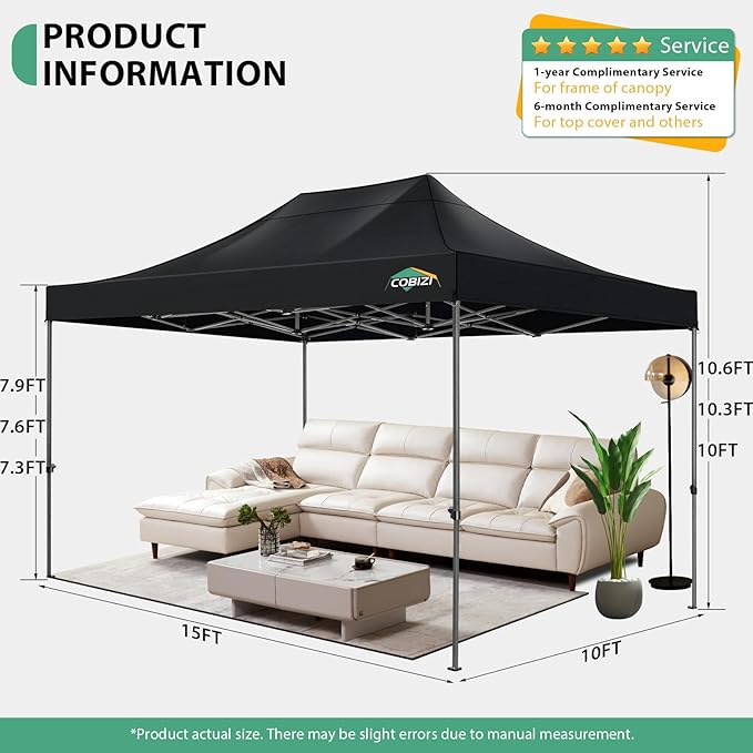COBIZI 10x15 Pop up Canopy Tent Heavy Duty, Easy Set-up Commercial Outdoor Party Tent, 100% Waterproof Wedding Tents Gazebo, 3 Height Adjustable with Handbag, Black