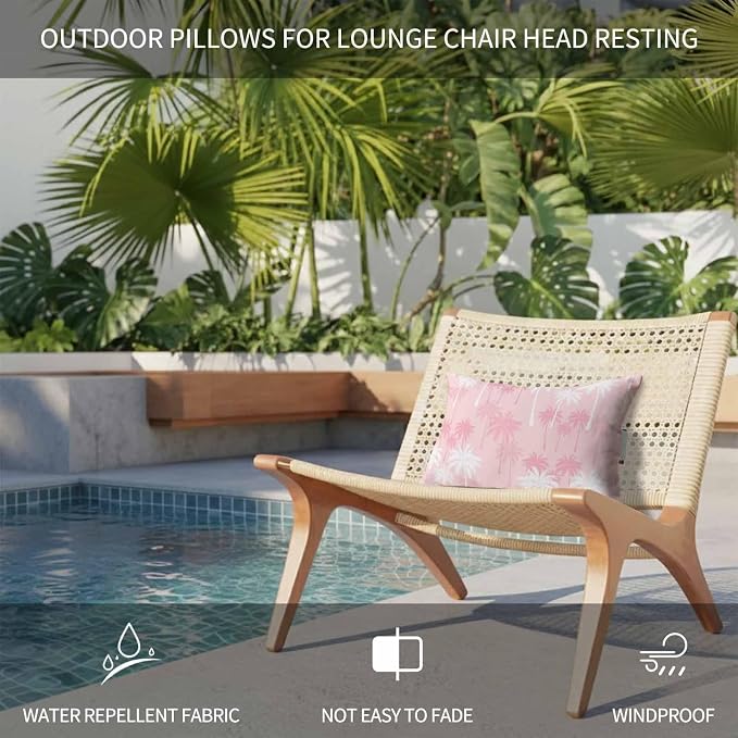 Tropical Palm Tree Outdoor Pillows for Chaise Lounge Chair Waterproof Lumbar Pillows with Insert&Adjustable Elastic Strap Beach Headrest Pillow Pink White Plants Coastal Leaf Beach Pool Pillow 12"x20"