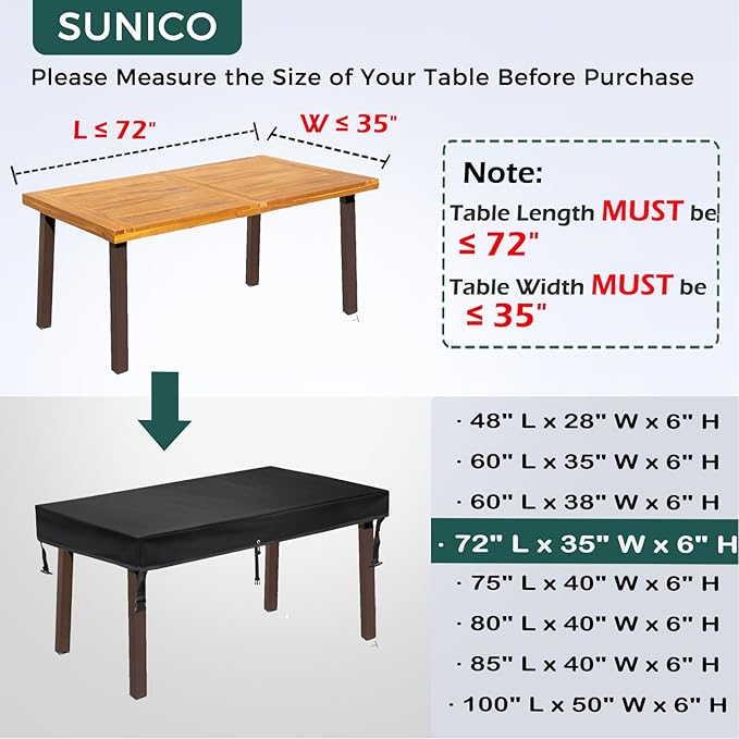 SUNICO Outdoor Table Cover rectangular (72" L x 35" W x 6" H), Patio Table Cover rectangle for Patio Table & Dining Table & Picnic Table.Windproof, Waterproof, Stain-Resistant, Durable Table Cover