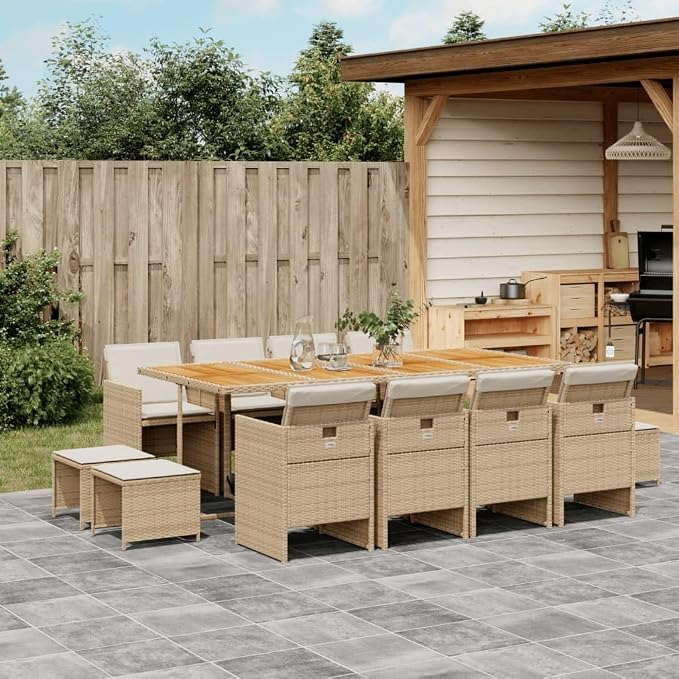 13 Piece Outdoor Dining Set with Cushions Beige Poly Rattan Patio Furniture for 8 Includes Folding Chairs, Acacia Wood Table and Stools, Space-Saving Set for Garden Backyard BBQ