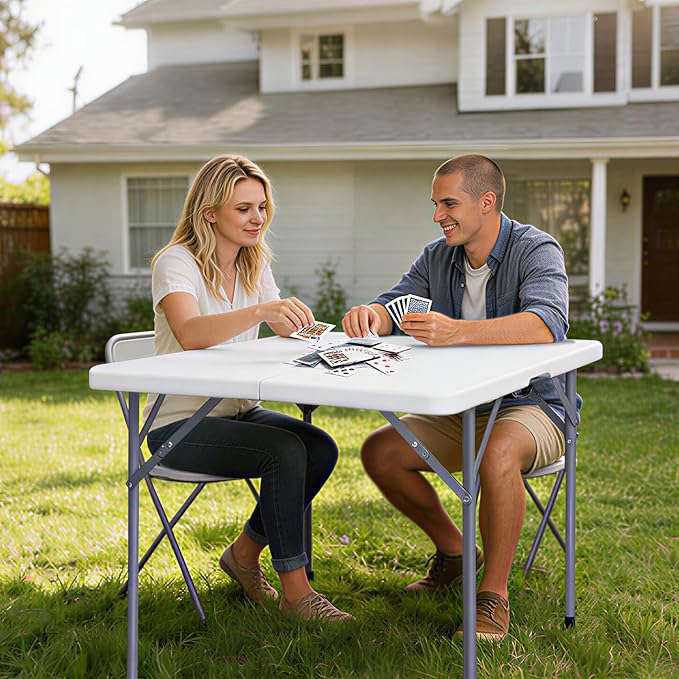 Lakhow 34" Square Folding Table, Fold-in-Half Utility Dining Portable Table Heavy Duty HDPE Plastic Foldable with Carrying Handle Indoor Outdoor for Picnic, Party