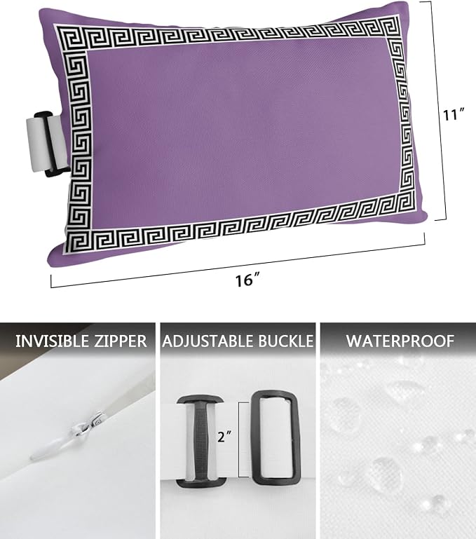 Outdoor Pillows Covers with Inserts Chinese Style Pattern Purple Background Waterproof Recliner Pillow with Adjustable Strap Throw Pillows for Patio Furniture Pool Lounge Chair, 11x16 inch, 1PCS