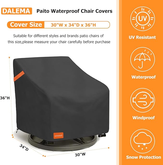 Outdoor Swivel Chair Cover 2 Pack,600D Heavy Duty 100% Waterproof Outdoor Chair Covers,Patio Furniture Covers for Swivel Patio Chairs,30" W x 34" D x 36" H,Black