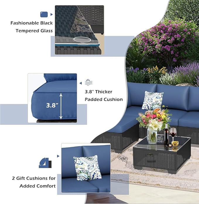 7 Piece Outdoor Patio Furniture Set with Cushions, PE Rattan Wicker Sectional Furniture Chair Set with Tea Table, Modular Patio Sofa for Garden, Backyard, Balcony Outdoor Lounge Area(Blue)