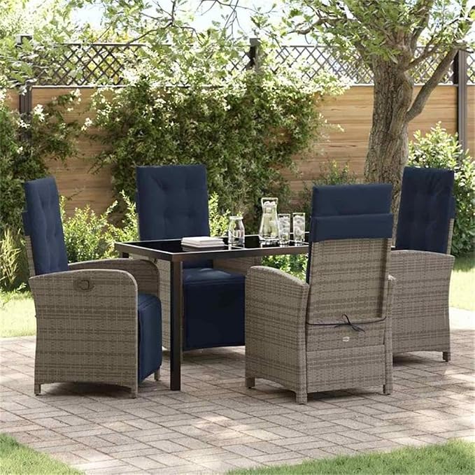 Afuera Living 5 Piece Poly Rattan Garden Dining Set, Gray Finish, Glass-Topped Table, Cushioned Seats, Adjustable Backrests, Steel Frames, Modern Patio Furniture for Outdoor Dining and Relaxation