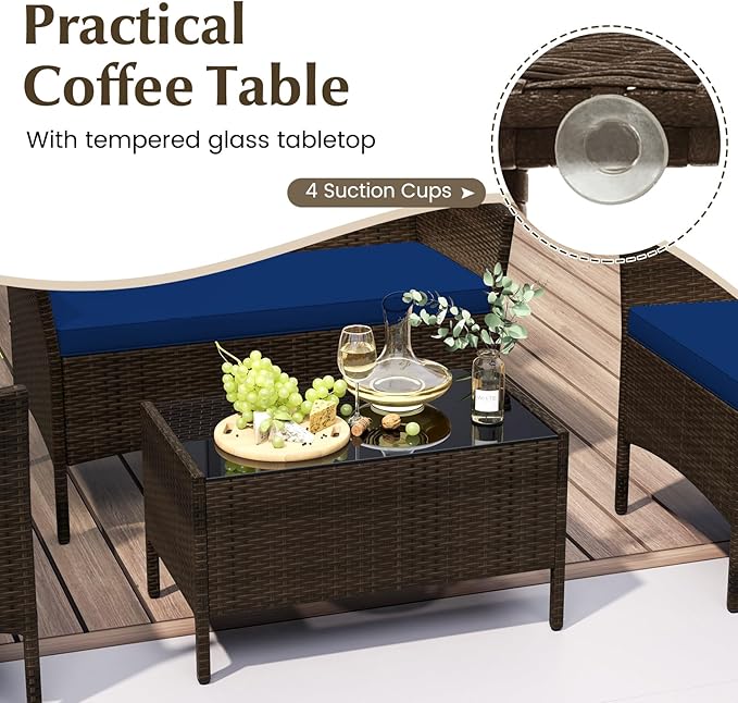 Tangkula 8 Piece Patio Rattan Conversation Set, Outdoor Wicker Furniture Set with Chair, Loveseat & Tempered Glass Table, Cozy Seat Cushions, Outside Sectional Sofa Set for Backyard, Porch
