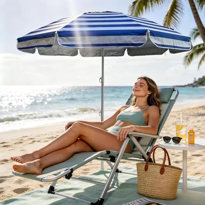LOTTAFUN 6ft Beach Umbrella - Heavy Duty Wind Resistant UV 50+ Portable Sun Shade with Sand Anchor & Carry Bag, Outdoor Folding Umbrella for Beach, Pool, Patio, Garden (Blue strip) No Tilt The sand needs to exceed the spiral 6inch