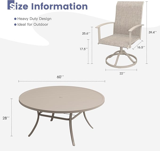 VICLLAX Outdoor Table and Chairs Set for 8, Patio Dining Set of 60" Metal Round Patio Table with Umbrella Hole & 8 Swivel Outdoor Dining Chairs for Backyard Lawn, Sandshell