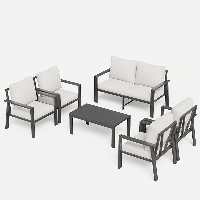 6 Pieces Aluminum Outdoor Patio Furniture Set 6-Seat Deck Furniture Patio Conversation Sets All-Weather Rust-Proof Sectional Sofa Set with Removable Cushion for Balcony, Yard, Poolside