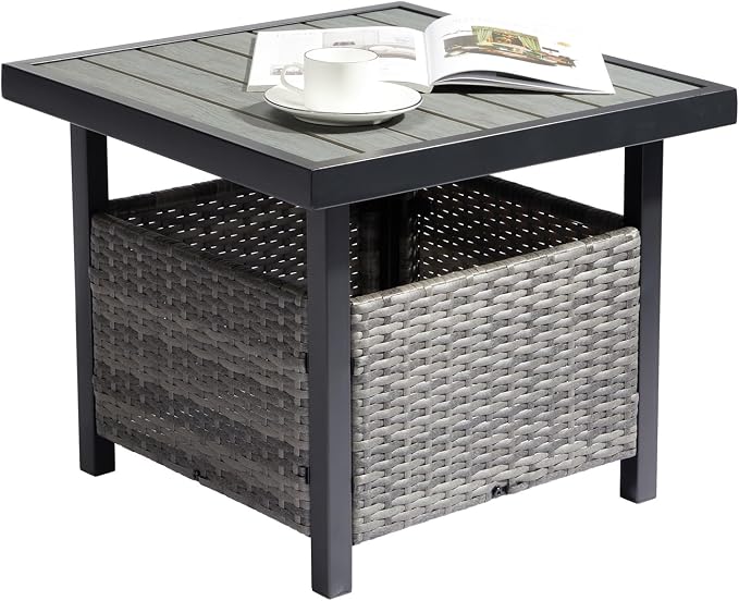 Outdoor Patio Umbrella Stand Table, All Weather Small Wicker Side Table with Umbrella Hole, 22 in Rattan Base Table (Grey)