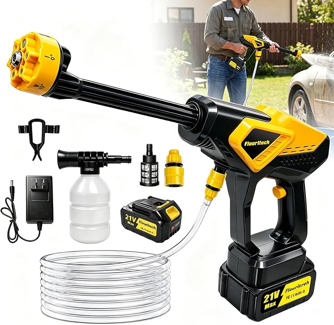 Cordless Pressure Washer, 1450 PSI Handheld Pressure Washer with 6-in-1 Nozzle, Battery Powered Pressure Washer, Portable Power Washer Cleaning Tool for for Car Wash, Garden, Patio, Home