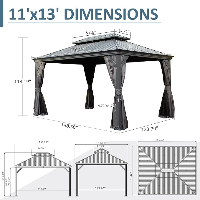 Domi 11' X 13' Hardtop Gazebo, Upgraded Metal Gazebo with Drainage System, Dual-Layer Galvanized Steel Roof, Curtain and Netting, Outdoor Shelter Canopy for Patio, Garden, and Backyard, Grey