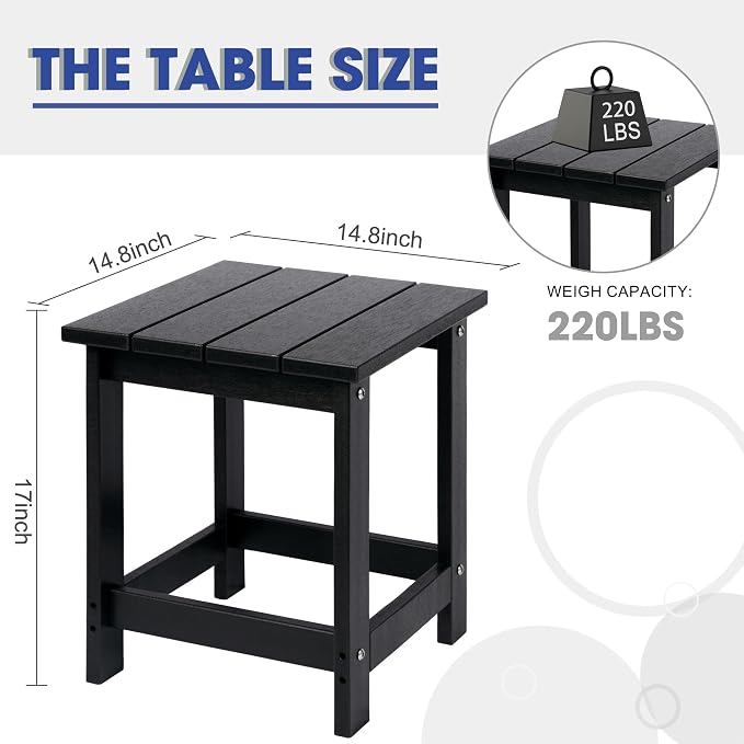 LZRS Patio End Table, Heavy Duty HDPE Outdoor Coffee Table with Wood Texture, Weatherproof Composite Table for Adirondack Chairs, Deck, Pool, Indoor/Outdoor, No Peeling or Cracking(Black)